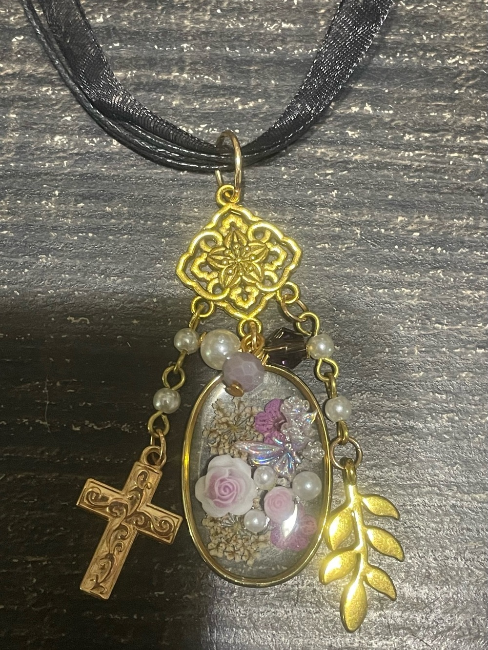 Hand Crafted Gold Floral Cross Pendant Necklace with Pink Rose Accents - Picture 2 of 4
